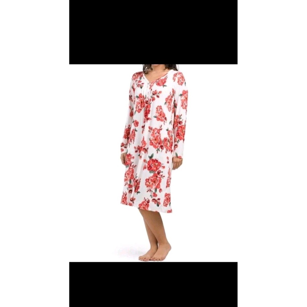 Carole Hochman Womens Sz M  LS Red Floral Jersey Knit‎ Stretch Midi Nightgown